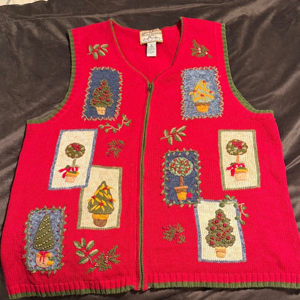 Festive Red Knit Vest with Embroidered Trees